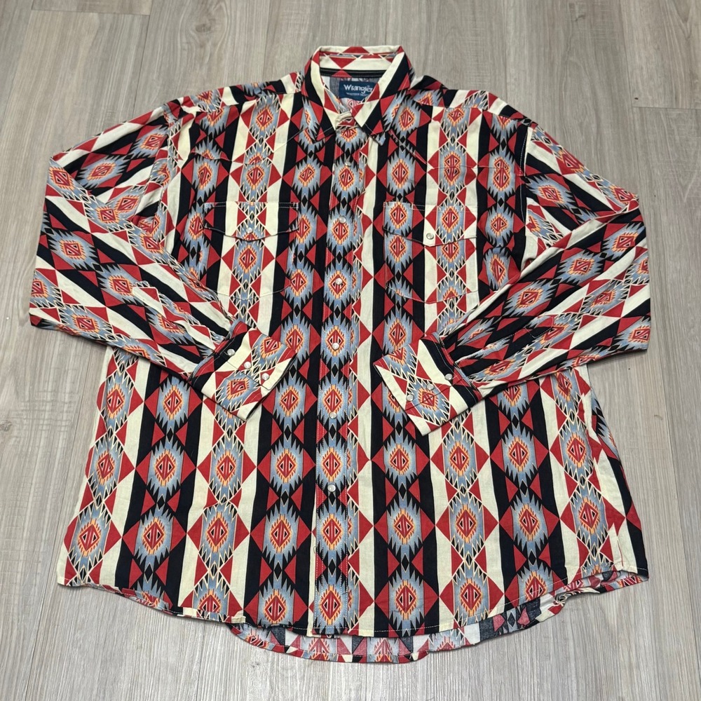 Wrangler Western Shirt Men XL Aztec Southwestern Pearl Snap Long Sleeve Cowboy